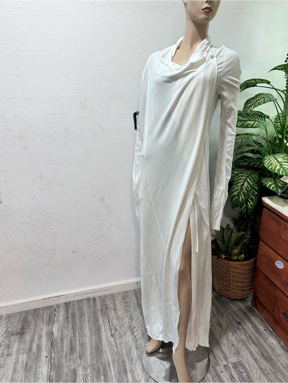 lunya White Draped Long-Sleeve Maxi Dress with Side Slit